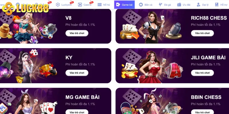 Danh mục game bài cập nhật liên tục